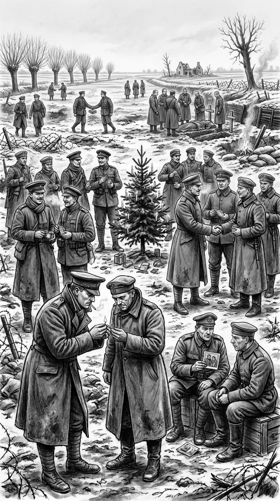 Greyscale drawing: British and German soldiers stand in snowy no man’s land around a small fir tree with candles, shaking hands and sharing cigarettes; in the background men stand at graves with wooden crosses.