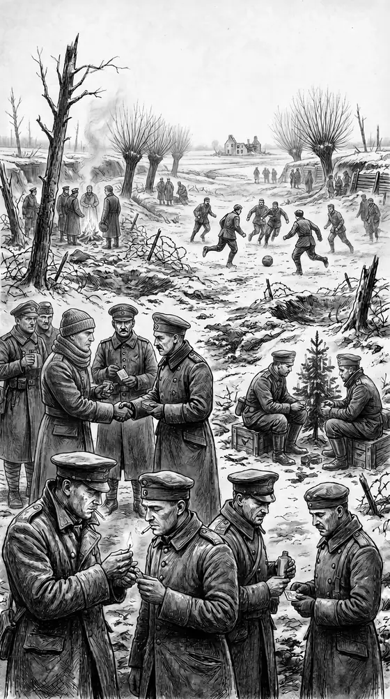 Greyscale drawing: in the foreground soldiers from both sides shake hands and swap cigarettes; behind them, men play football on the snowy field between the trenches.