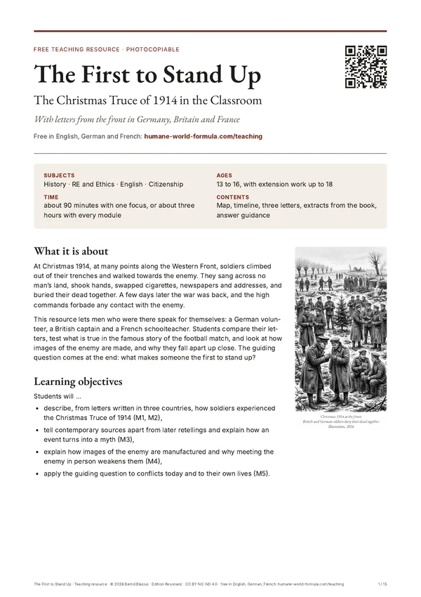 Title page of the teaching resource The First to Stand Up – The Christmas Truce of 1914 in the Classroom
